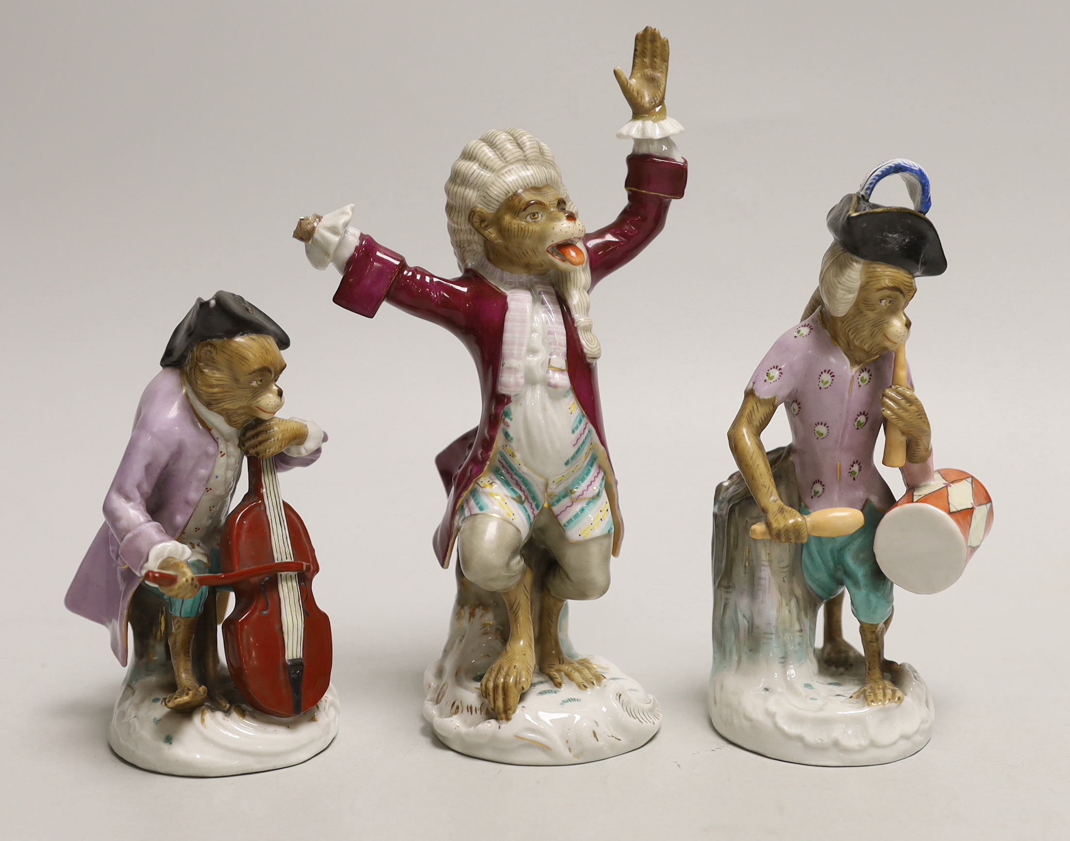 Five Volkstedt porcelain monkey band figures, tallest 17cm